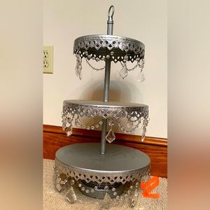 Opulent Treasures, Silver Three Tier, Metal Stand with Beads & Drops